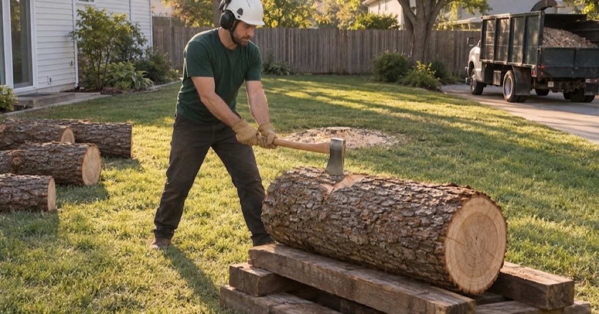 Worker rolling a northern red oak butt log onto cribbing with a cant hook in a finished Lenexa back yard.