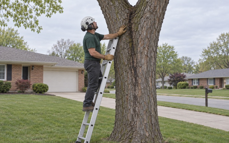 Worker on a footed ladder sighting an included-bark union high in a shagbark hickory on a Lenexa front lawn.