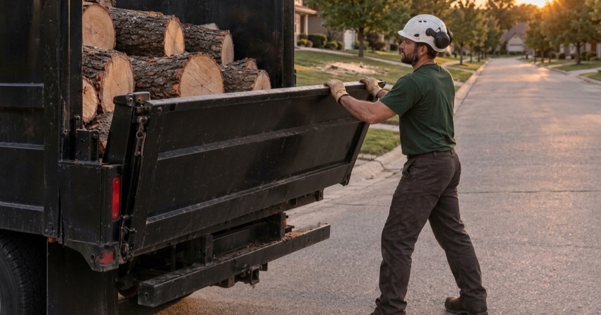 Worker latching the tailboard of the chip truck at a Lenexa curb with honey locust rounds loaded behind him.