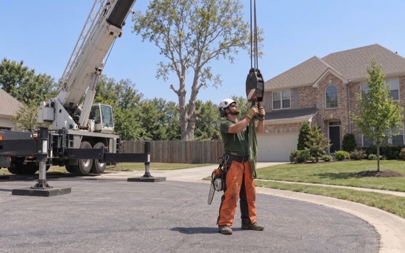 Worker steadying an empty crane hook block at chest height beside a sycamore in a Lenexa cul-de-sac.
