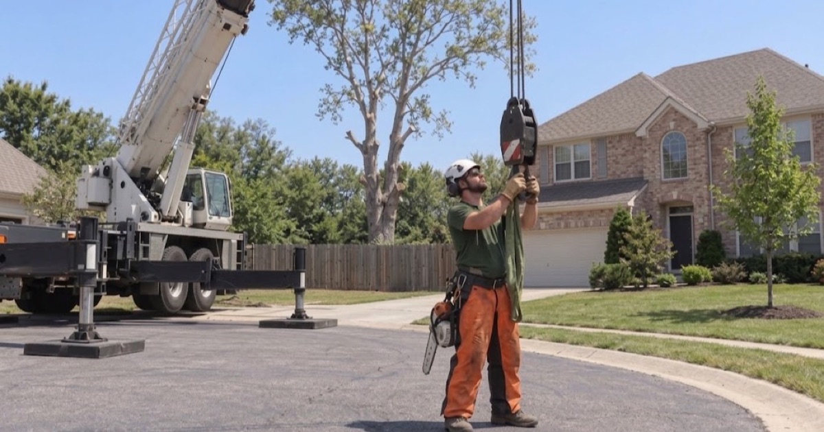 Worker steadying an empty crane hook block at chest height beside a sycamore in a Lenexa cul-de-sac.