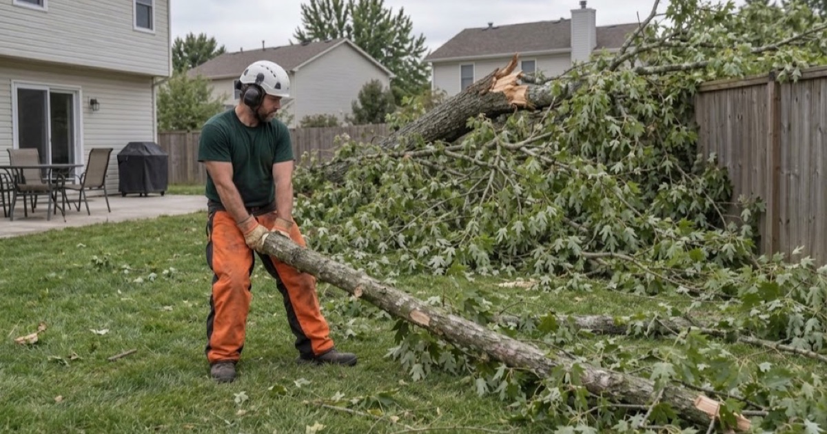 Worker dragging a cull log clear of a snapped silver maple stem in a Lenexa back yard after a wind storm.