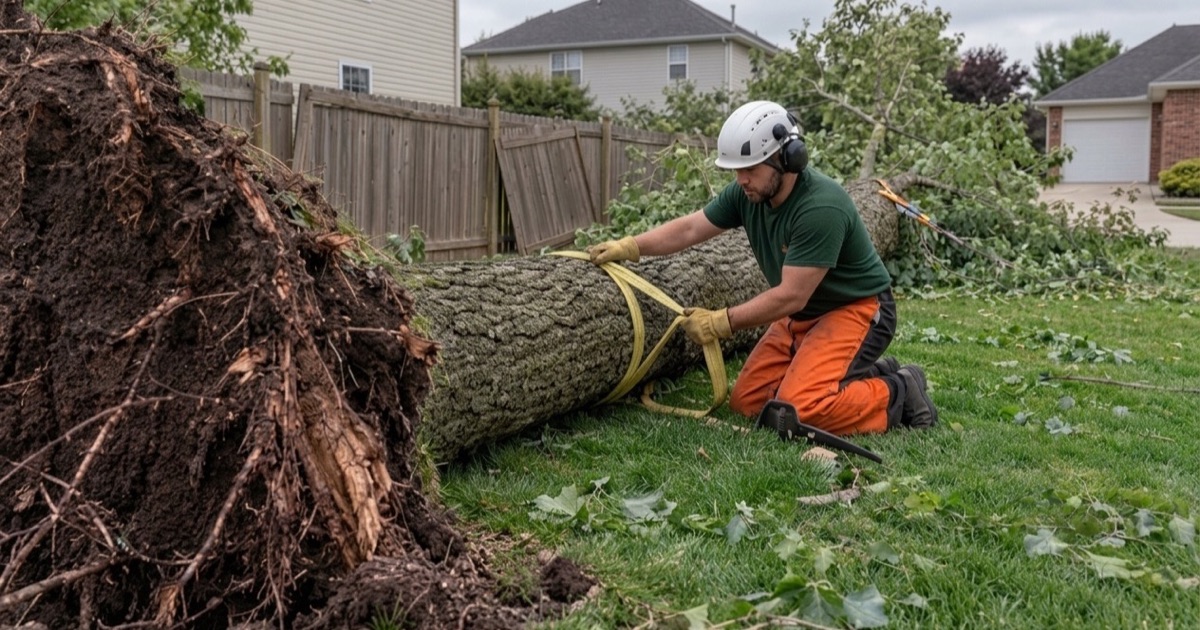 Worker drawing a choker strap under a windthrown eastern cottonwood beside a Lenexa house.