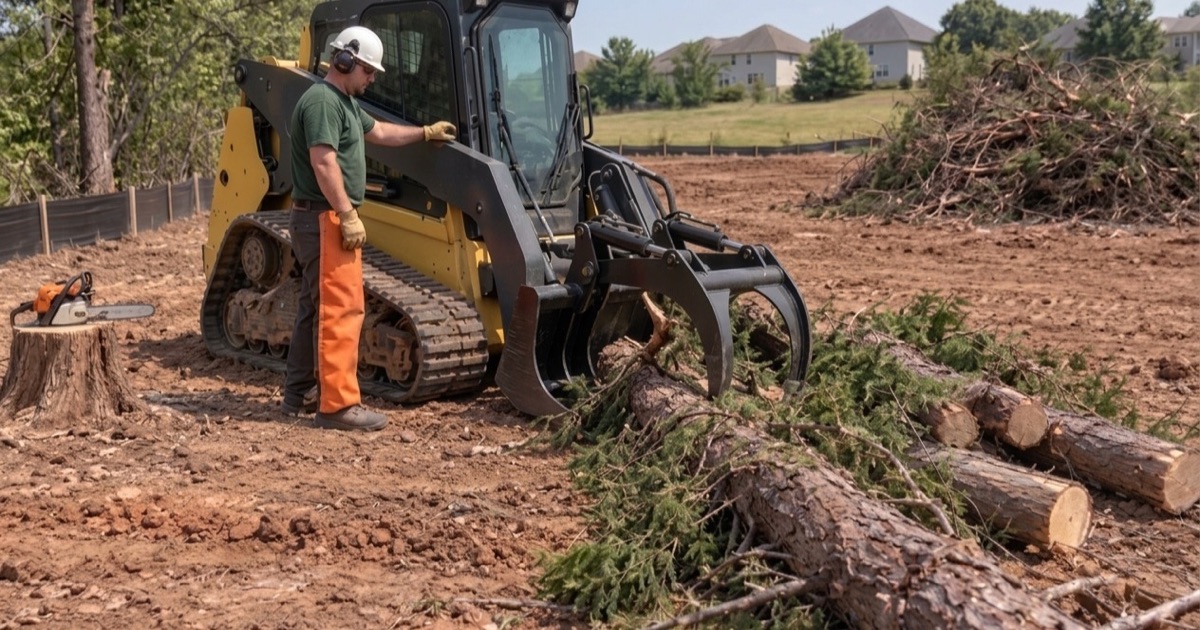 Worker guiding a grapple arm onto cut eastern red cedar stems at the edge of a Lenexa lot being cleared.