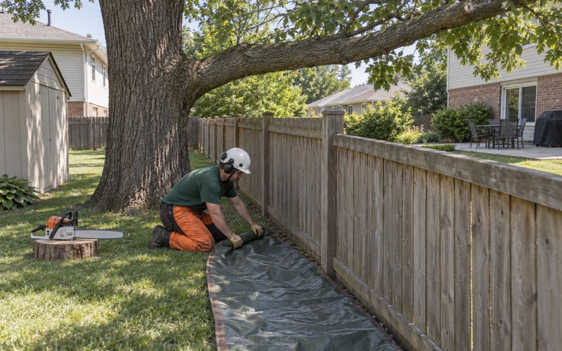 Worker rolling out a tarp along a Lenexa boundary fence before a black walnut limb is taken back to the line.