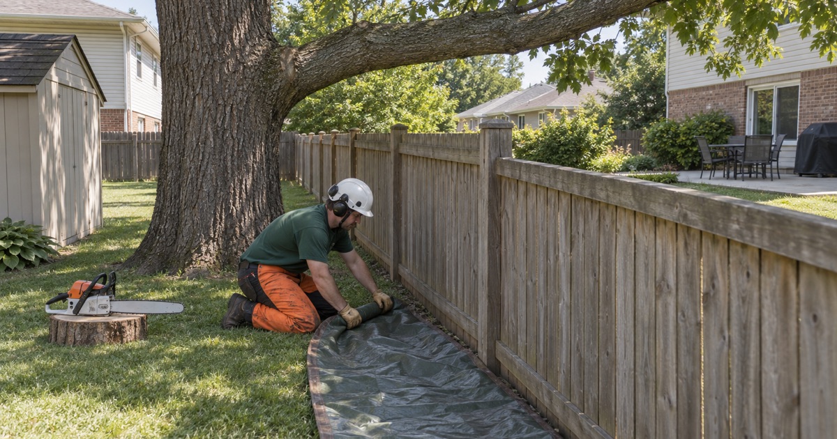Worker rolling out a tarp along a Lenexa boundary fence before a black walnut limb is taken back to the line.