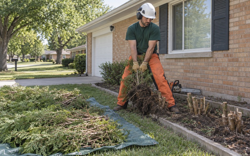 Worker pulling an arborvitae hedge stem cluster out of a Lenexa foundation bed after the tops are off.