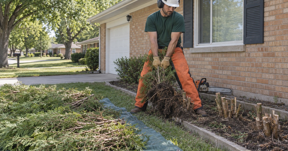 Worker pulling an arborvitae hedge stem cluster out of a Lenexa foundation bed after the tops are off.
