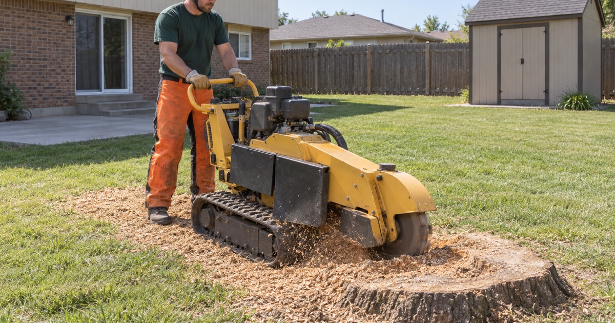 Worker sweeping a grinder wheel across the face of a red oak stump in a Lenexa back yard.