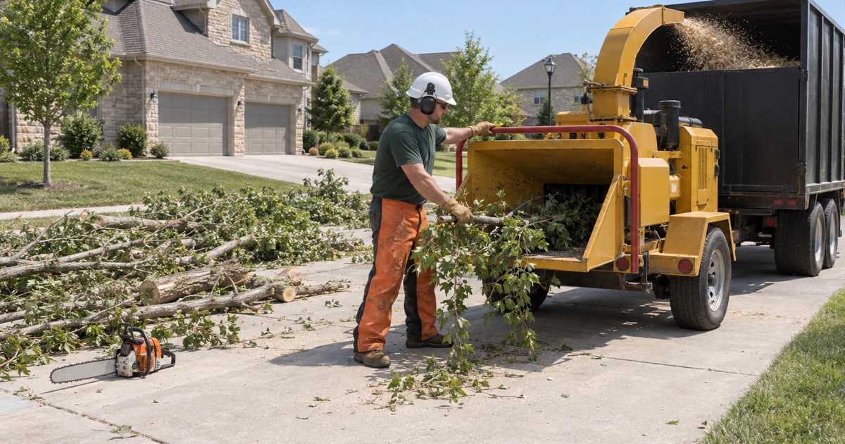 Worker feeding hackberry limbs into a chipper from the side of the infeed at a Lenexa driveway mouth.