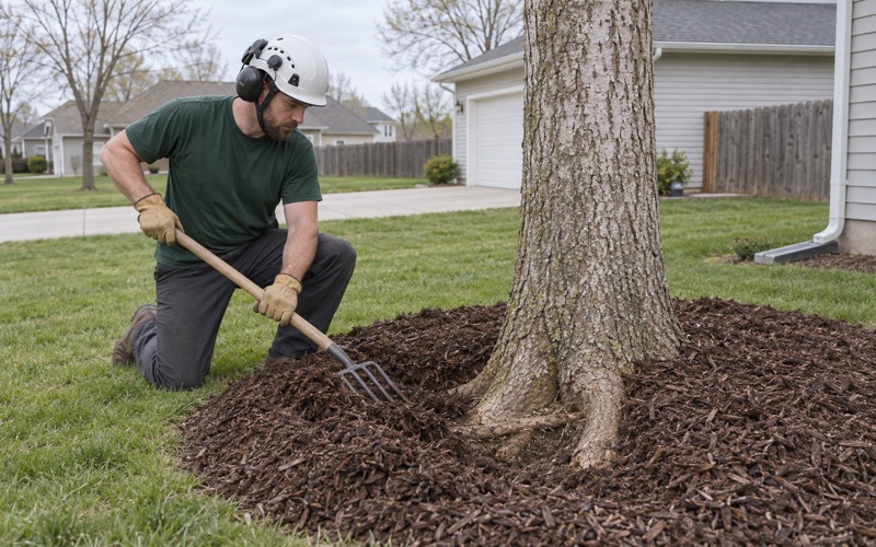 Worker pulling mulch back off the buried root flare of a declining white ash on a Lenexa lawn.