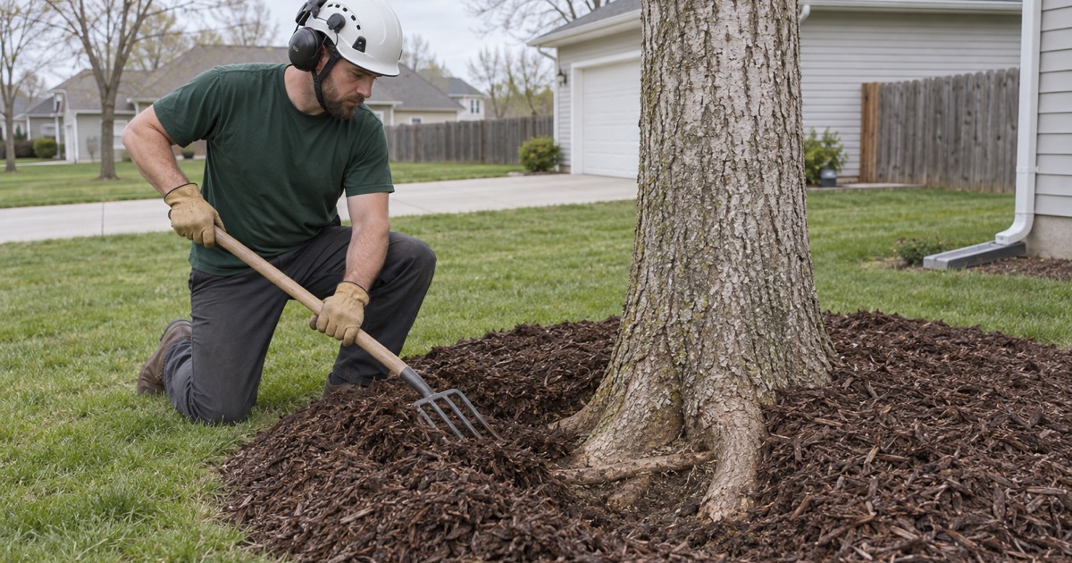 Worker pulling mulch back off the buried root flare of a declining white ash on a Lenexa lawn.