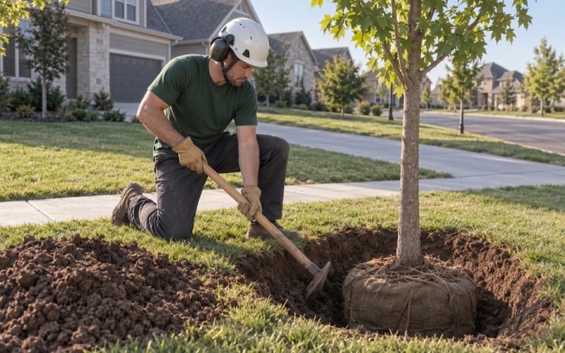 Worker breaking the wall of a planting pit with a mattock beside a new sugar maple on a Lenexa front lawn.