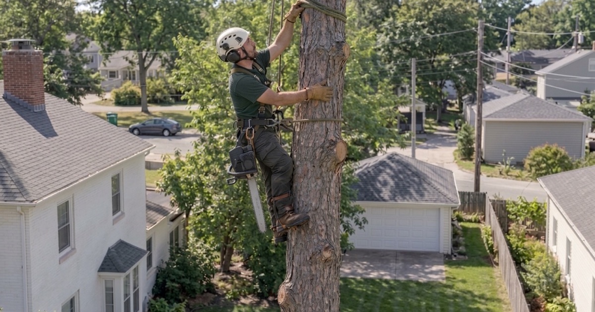 Climber hanging the anchor sling high on a white oak spar above a narrow Old Town Lenexa back yard.
