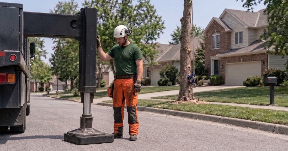 Worker setting an outrigger pad in a Lenexa street while a honey locust street tree comes out of the verge.