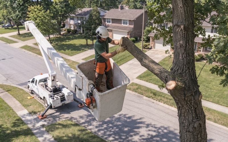 Worker in an aerial bucket taking the weight of a pin oak limb butt he has just cut over a Lenexa street.
