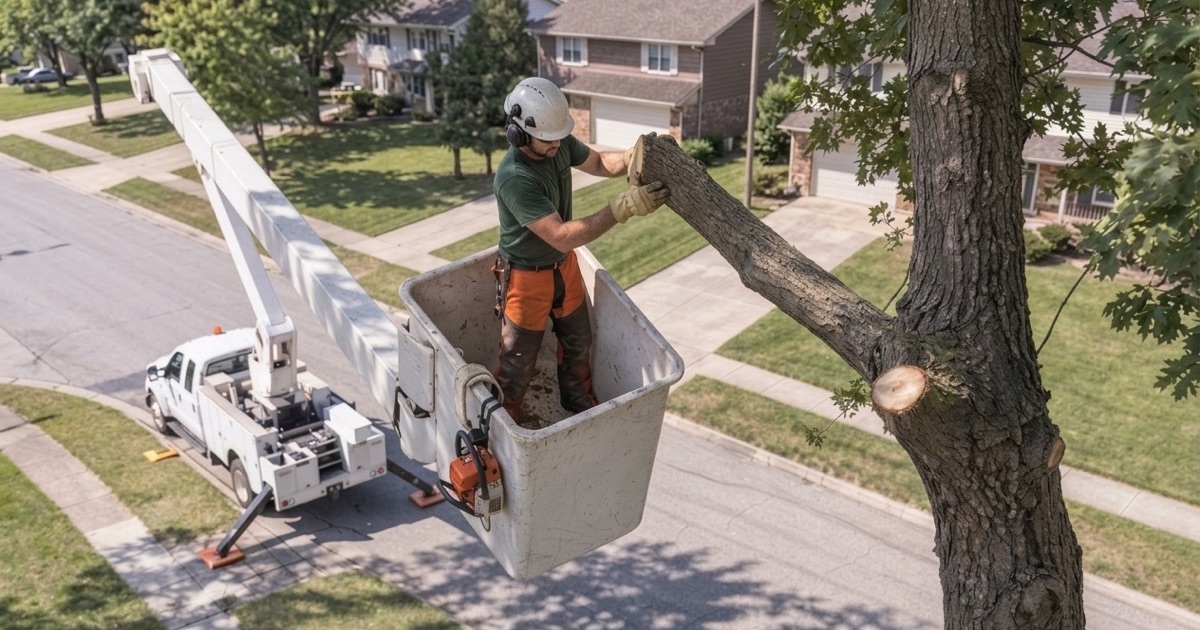 Worker in an aerial bucket taking the weight of a pin oak limb butt he has just cut over a Lenexa street.